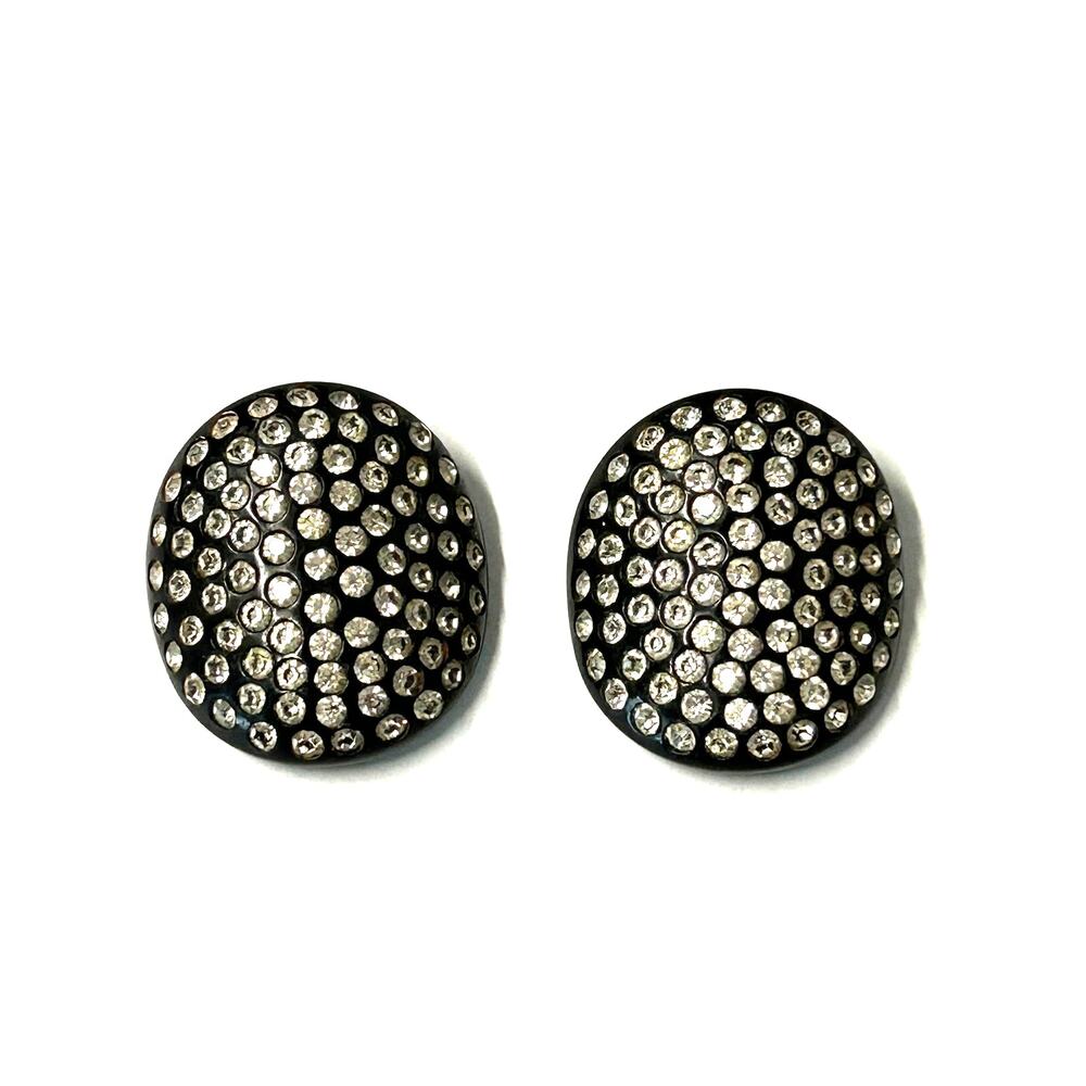 Vintage 1980's Black Lucite Clear Faceted Rhinstones Clip On Earrings